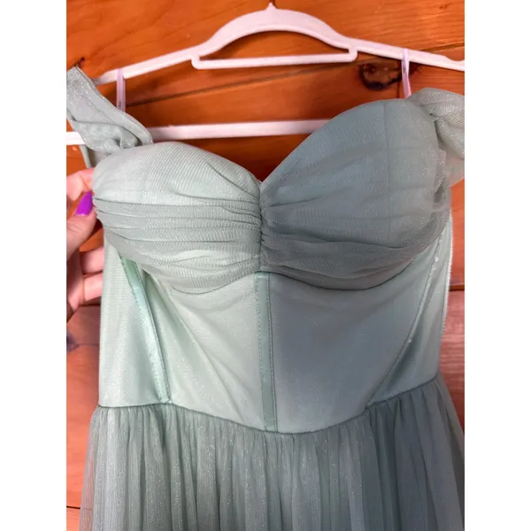 NWT Lulus Stunning Personality Sage Green Mesh Off-the-Shoulder Maxi Dress Sz XS - Image 5