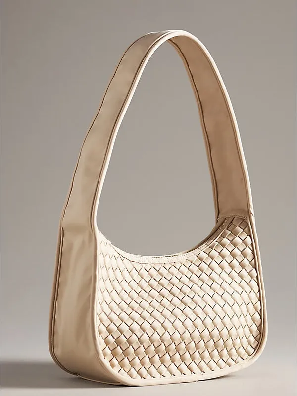 Anthropologie woven neoprene shoulder bag zip neutral beige nylon purse - Image 2