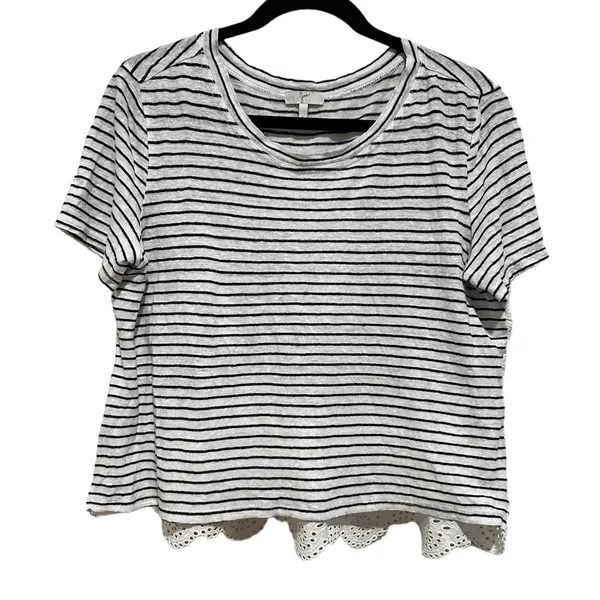 Joie Linen Eyelet Nautical Striped Cottage Scalloped Tiered Short Sleeve Top S - Image 7