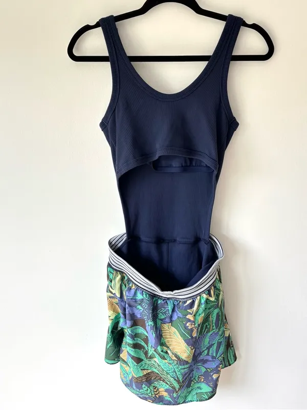 Offline by Aerie Ribbed Cut-out Romper Dress Navy Blue Green Floral Active - Image 12