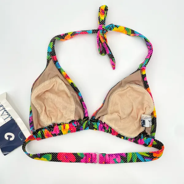 Vintage 90s Bright Matari Mixems Neon Floral Rainbow Triangle Bikini Halter Top Size L - Image 3