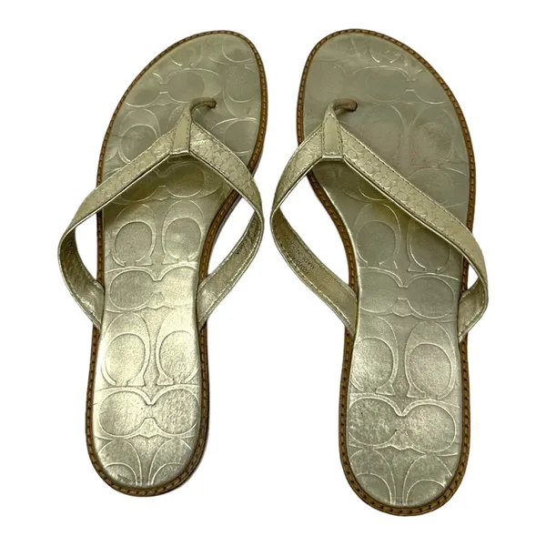 Coach Gold Leather Thong Sandals Signature Logo Flip Flops Size 8.5 - Image 2