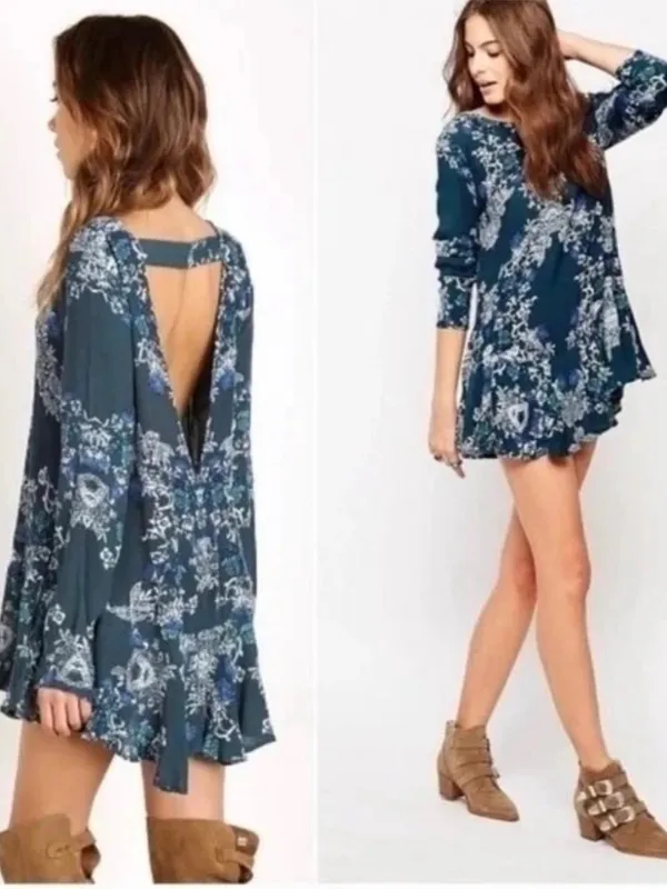 Free People "Smooth Talker" Tunic Swing Mini Dress Medium Boho Floral - Image 2