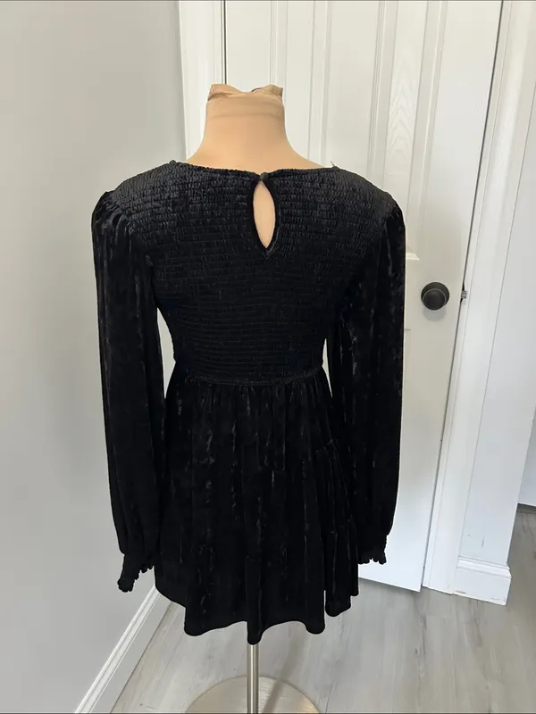 Baltic Born Black Crushed Velvet Smocked Dress - Image 3