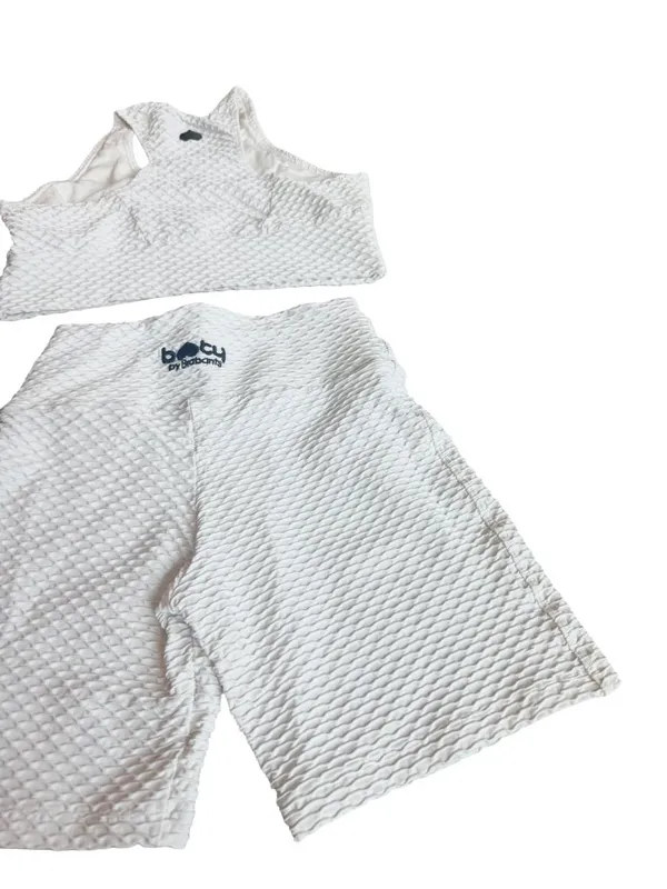 Booty by Brabants White Two Piece Workout Set Crop Top Shorts One Size Curvy - Image 13