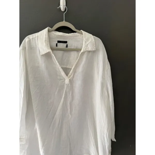 100% Linen White V-Neck Tunic Top Oversized 3/4 Sleeve Side Button‎ Detail - Image 2