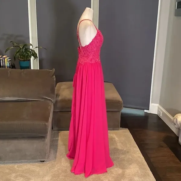 Women’s Pink Full Length Prom Party Dress Lace Appliqué Spaghetti Straps Size 8 - Image 8