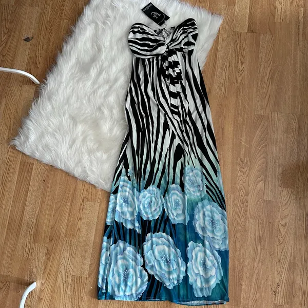 Y2K Zebra Floral Cutout Maxi Dress Blue Rose Strapless Glam Deadstock - Image 4