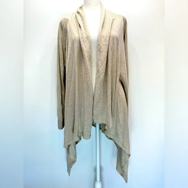 Beige Metallic Open Front Asymmetric Hem Cardigan Wrap Topper Chico’s 1/M - Image 2