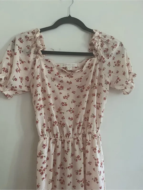 Monteau Cream Pink Cottagecore Floral Puff Sleeve Midi Dress XS Prairie Romantic - Image 3
