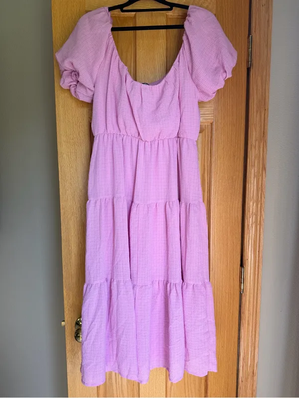 Ophelia Roe Pink Tiered Puff Sleeve Textured Midi Dress Women’s Size S NWT - Image 4