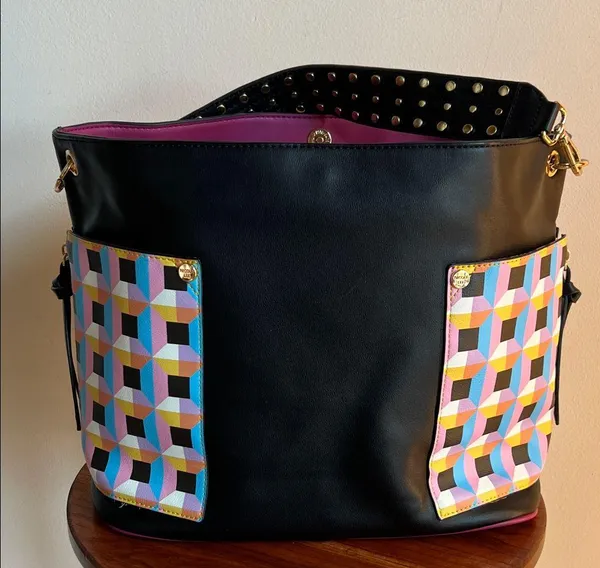 Nicole Lee Black and Pink checkered Handbag with studded strap - Image 13