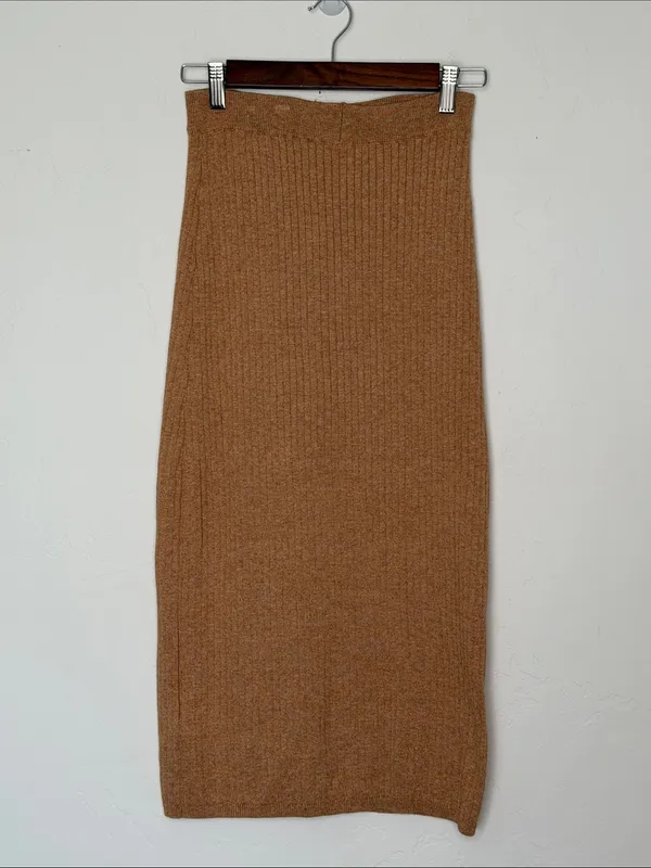 Free People Skyline Rib Knit Sweater Midi Skirt Brown Front Slit Small - Image 3