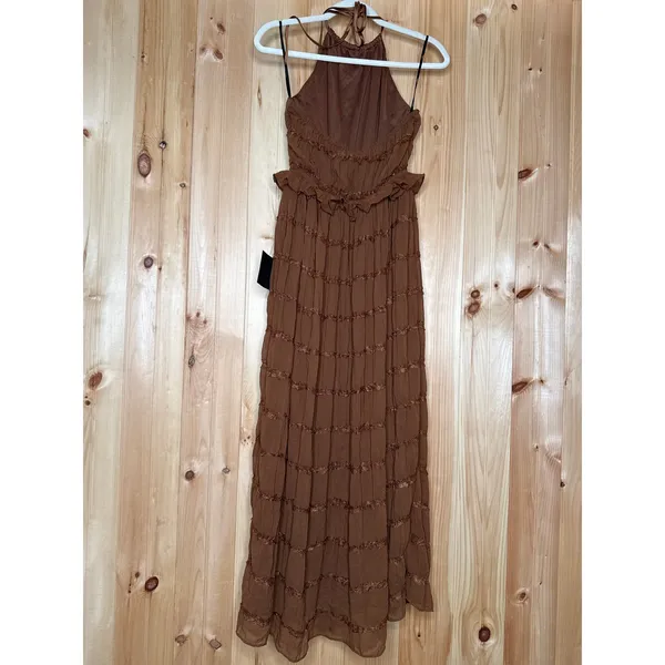 NWT Lulus Madriana Brown Halter Neck Ruffed Midi Dress Bohemian Summer Sz M - Image 5