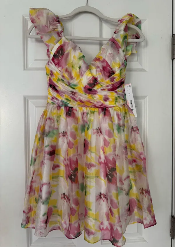 AQUA Floral Mini Dress V-Neck Ruffled - Image 3
