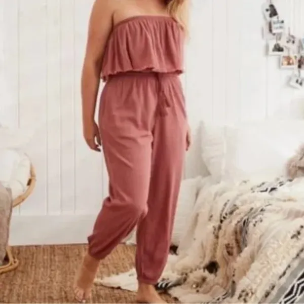 Aerie Pink Salmon Strapless Crinkle Smocked Pants Jumpsuit Romper - Image 2