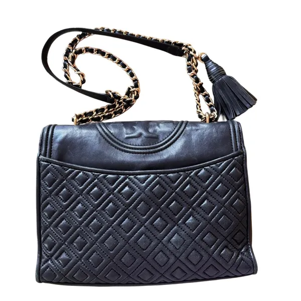 Black Tory Burch Fleming Convertible Bag Quilted Leather Crossbody or Shoulder - Image 2