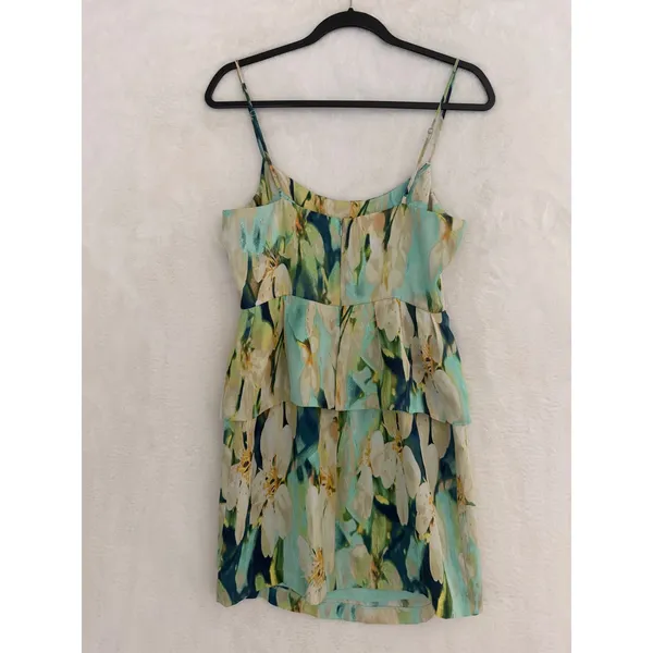 BB‎ Dakota Floral Peplum Mini Dress Teal Green Gold Metallic Sleeveless XS - Image 4