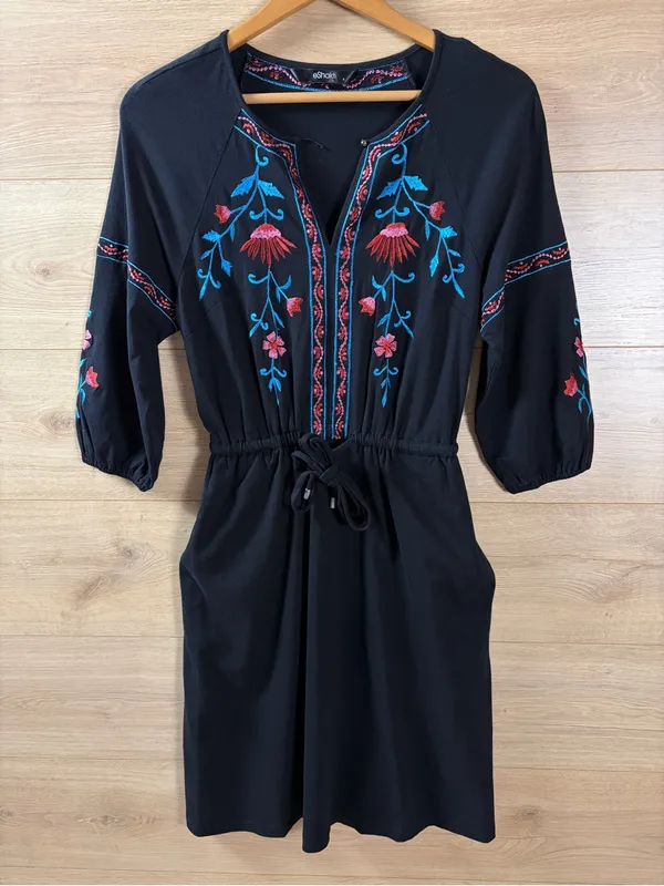 eShakti Cotton Embroidered Black Drawstring Waist Dress Size 4 - Image 2