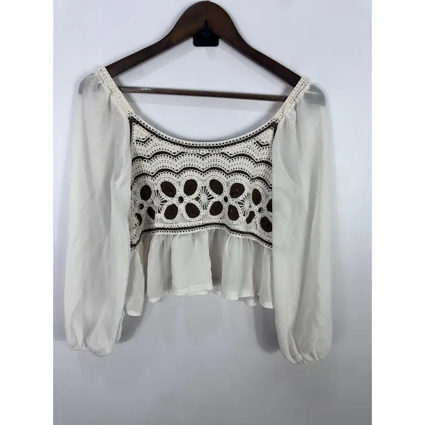 SHEIN Crochet Peasant Top Womens S Cream Brown Puff Sleeve Boho Cottagecore‎ - Image 3