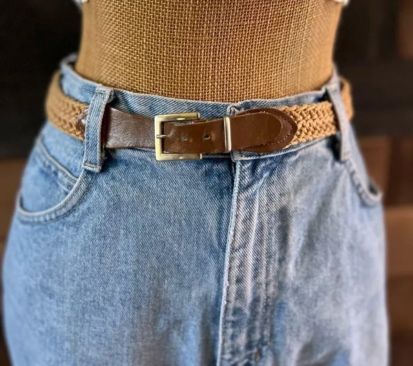 Vintage Brown Leather Buckle Braided Woven Rope Western Boho Belt - Image 4