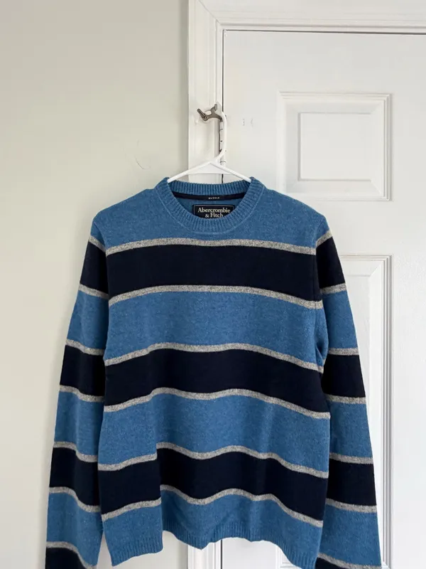 Abercrombie & Fitch Men's Sweater Lambswool Blend Blue Striped L Muscle Y2K VTG - Image 2