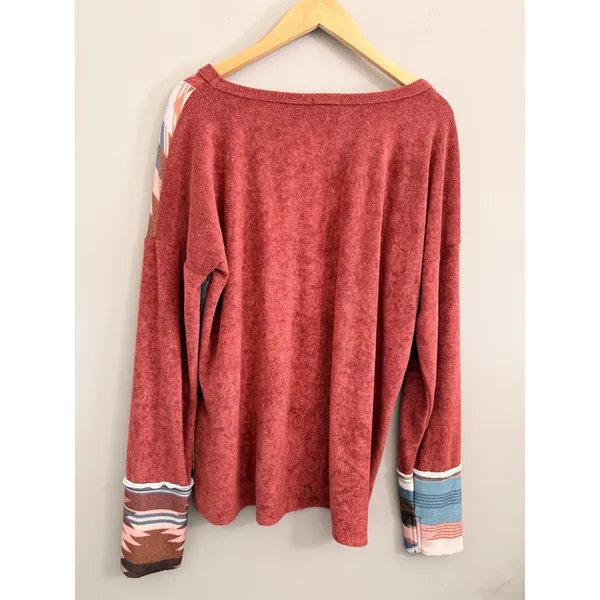 BiBi‎ Aztec Contrast Pocket Top Women Large Rust Red Southwestern Boho Knit - Image 4