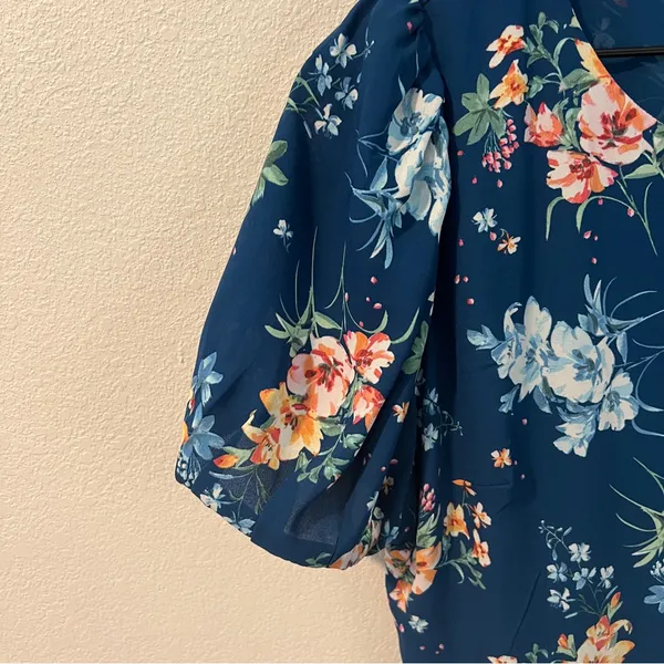 LOFT Floral Chiffon Drop Waist Puff Sleeve‎ Flutter Midi Dress Size 4 - Image 4