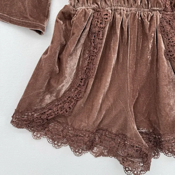 Velvet Romper Lace Trim Boho Festival Bell Sleeve Mauve Brown Festival Trendy S - Image 5