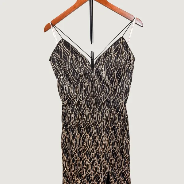 Dancing Queen USA Black Gold Glitter Wave Slit Formal Prom Gown Dress XL - Image 15