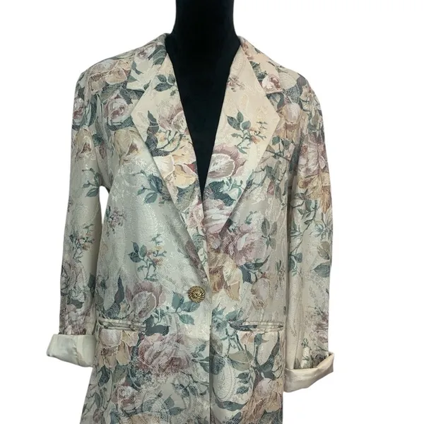 San Moire Vintage Woman Size S 80's Floral Pastel Oversized Retro Grandma Blazer - Image 2