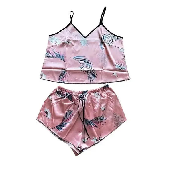Bohemian Retro Plant Print Pajama Set, V Neck Cami Top & Short SZ L # 1636 - Image 5