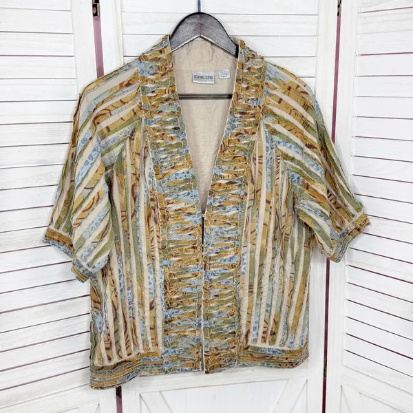 Chicos Shirred Cut Away Art To Wear Short Sleeve V Neck Jacket Tan Multi‎ Large - Image 7