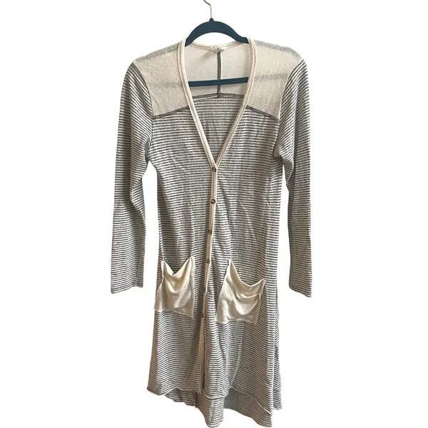 By Together Cardigan Women S Cream Striped Longline Boho Pockets RJ950 Button Up - Image 3