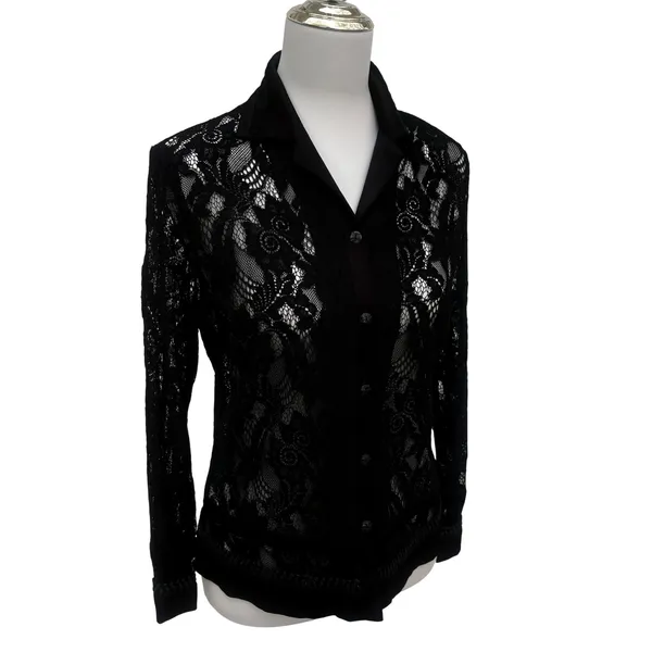 Whimsigoth Lace Button Down Shirt Sm Black Sheer Floral Sleeve Vampy Dark Witchy - Image 2
