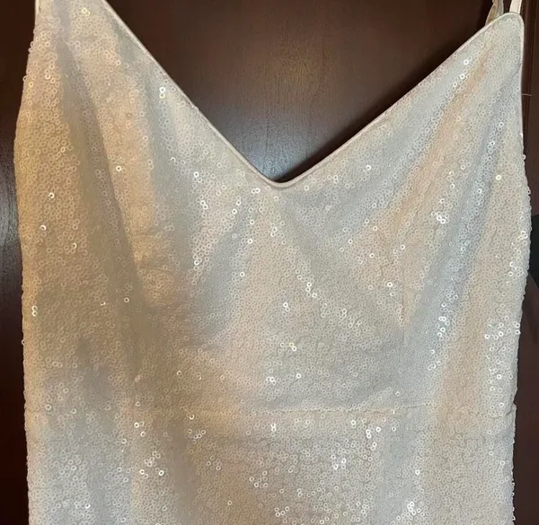 lulu’s white, sequin, sparkly slit dress with adjustable straps - Image 6