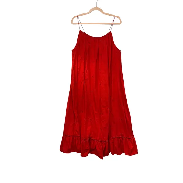 A Pea in the Pod Red Embroidered Maternity Midi Dress Spaghetti Strap‎ Ruffle L - Image 2
