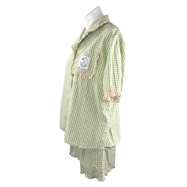 Fiarady Green Gingham Check Ruffle Button Up Shirt Short Sleepwear Pajama Set XL - Image 2