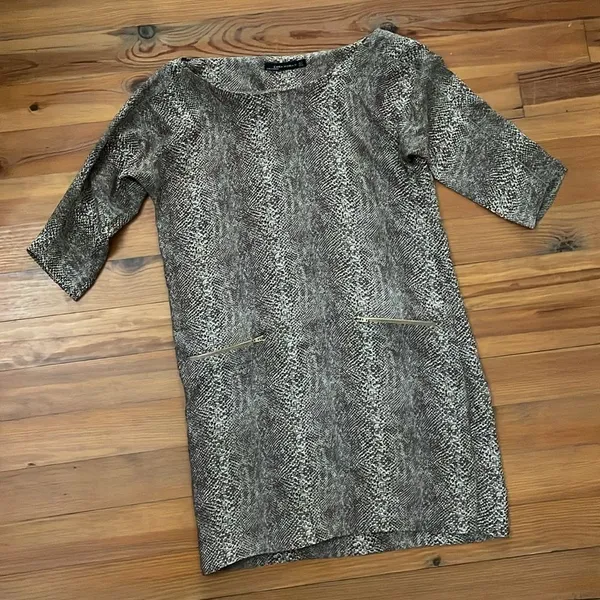 Zara Brown Silk Shift Dress Womens Size Medium Snakeskin Work Animal Print - Image 3