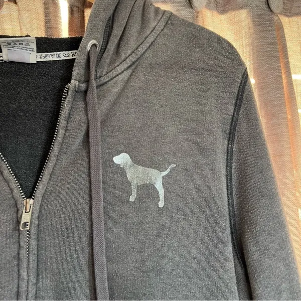Y2K Pink Victoria’s Secret Grey Zip Up Love Pink Hopded Sweatshirt Size Medium - Image 3
