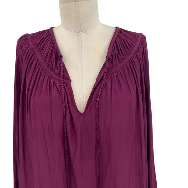 Ramy Brook Blouse Top Long Sleeve‎ Tassels Satin Burgundy Purple Size Large - Image 2