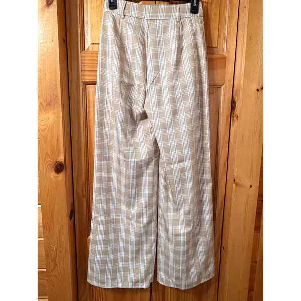 Princess Polly Archer‎ Plaid Wide Leg Trousers Pants Beige Tan Cream Women Sz 4 - Image 5