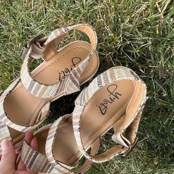 Y Not Bea Strappy Wedge Textured Sandals Womens 9 Natural Stripes Boho Platform - Image 6