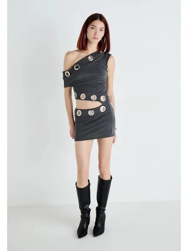 Jaded London Asymmetric Eyelet Dress in Dark Grey 2 New Womens mini - Image 9