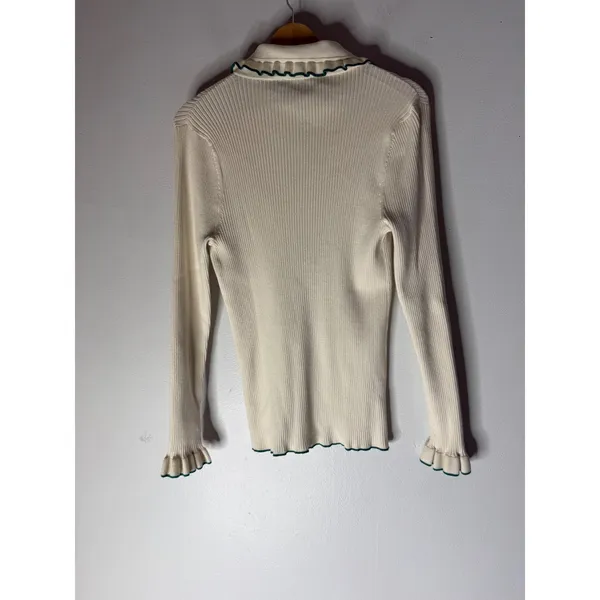 LOFT Womens XL Ribbed Knit Ruffle Peter Pan Collar Button Sweater Cream Green - Image 2
