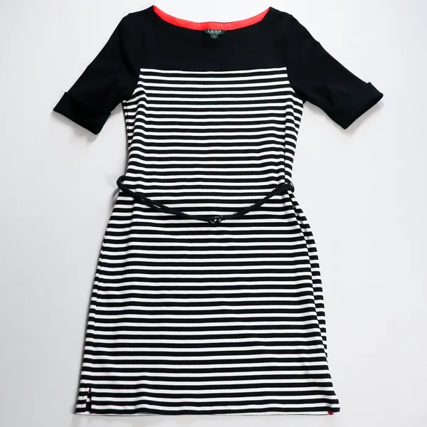 Lauren Ralph Lauren Sheath‎ Dress Women Size L Black White Striped Belted Cotton - Image 3