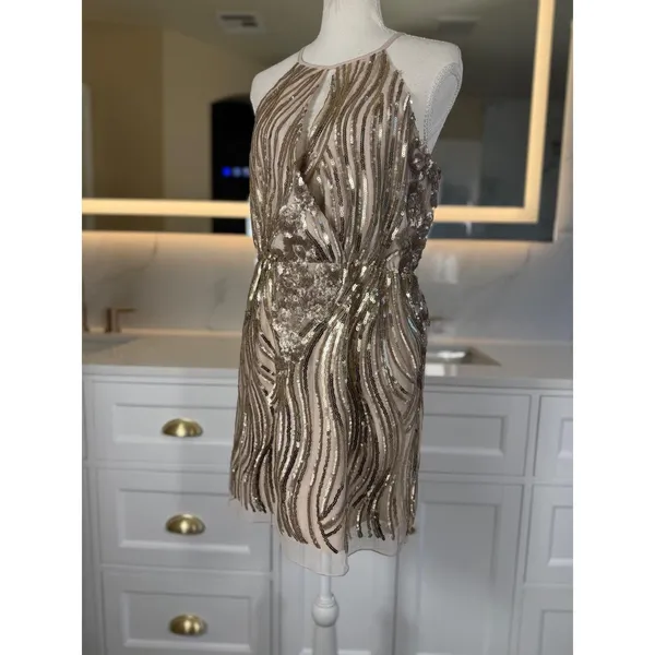 Sugar + Lip2 Sequin Mini Dress S Gold Champagne Cold Shoulder Keyhole Cocktail - Image 4