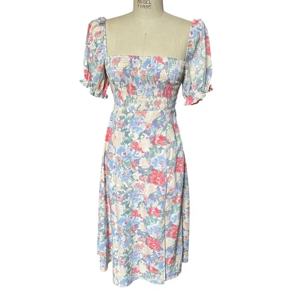 Astr Puff Sleeve Smocked Bust Midi Pastel Print Floral Dress Size Small - Image 2