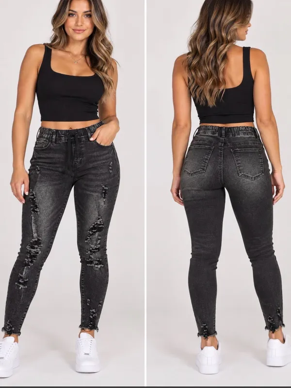 High-Rise Distressed Skinny Jeans in Washed Black - Image 2