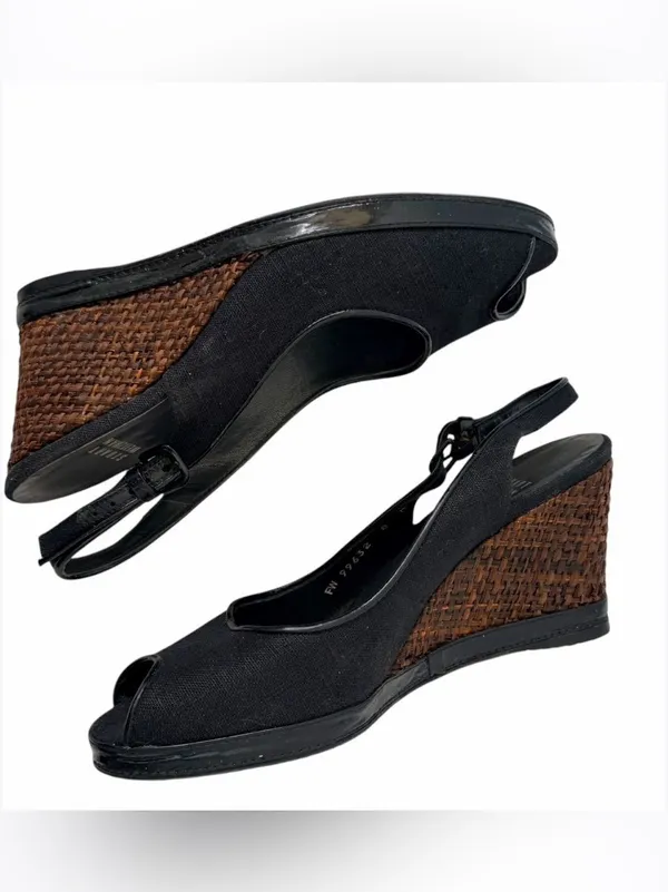Stuart Weitzman Black linen Peep-Toe Slingback Wedges with Brown Woven Heel - Image 2